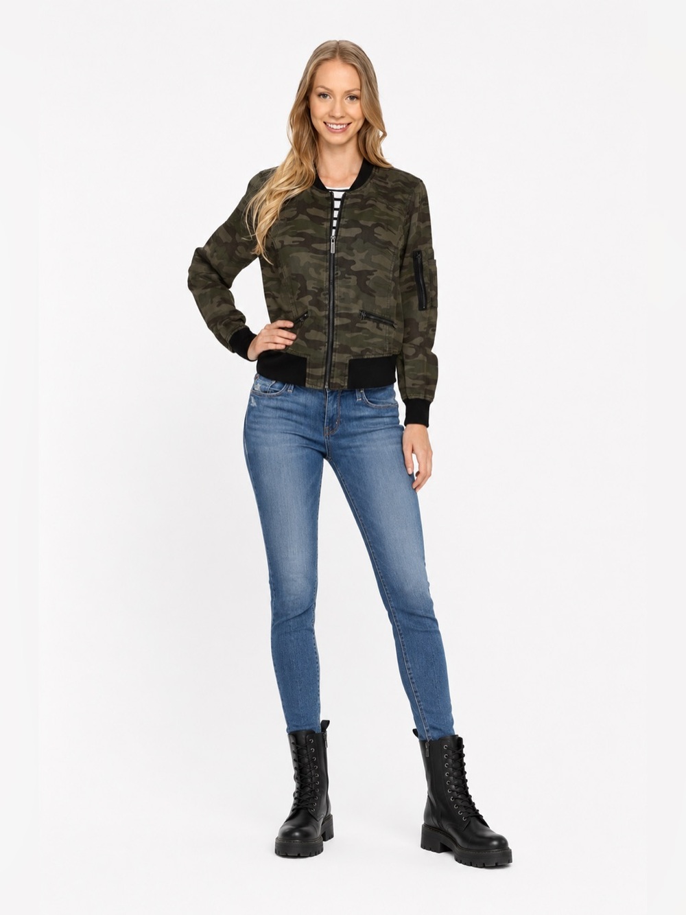 🪖 Sanctuary Camo Bomber Jacket Size Small Zip Front Utility Style